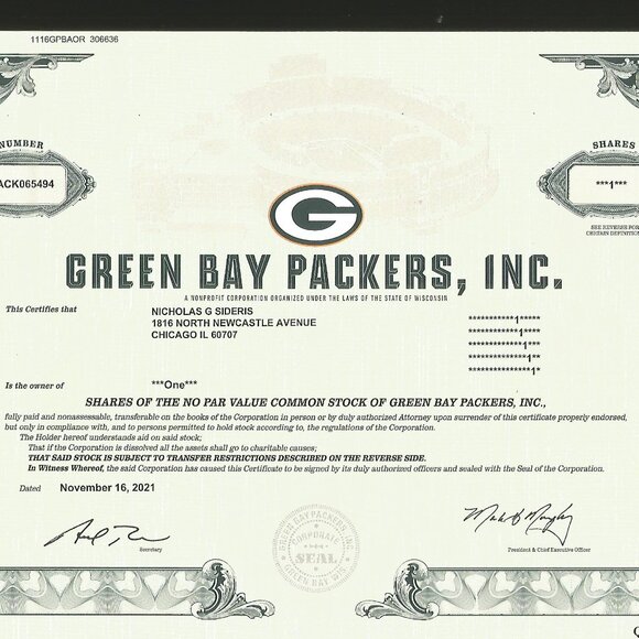 2021 GREEN BAY PACKERS COMMON STOCK STOCK CERTIFICATE COPY CLASSIC WHITE VERSION - Picture 1 of 3